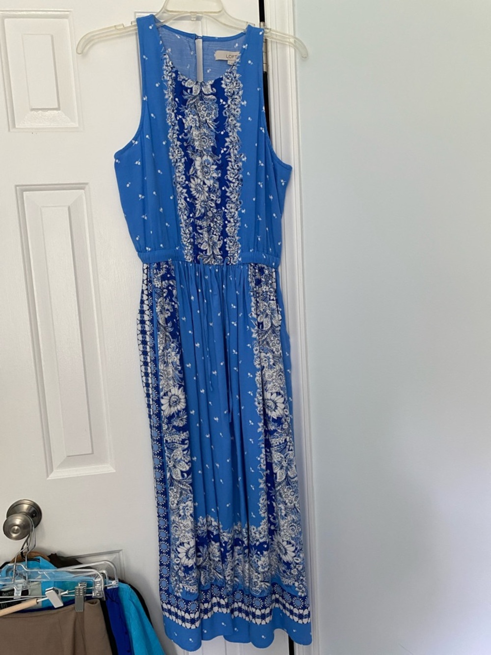 LOFT Blue Maxi Dress with White Floral Paisley Print